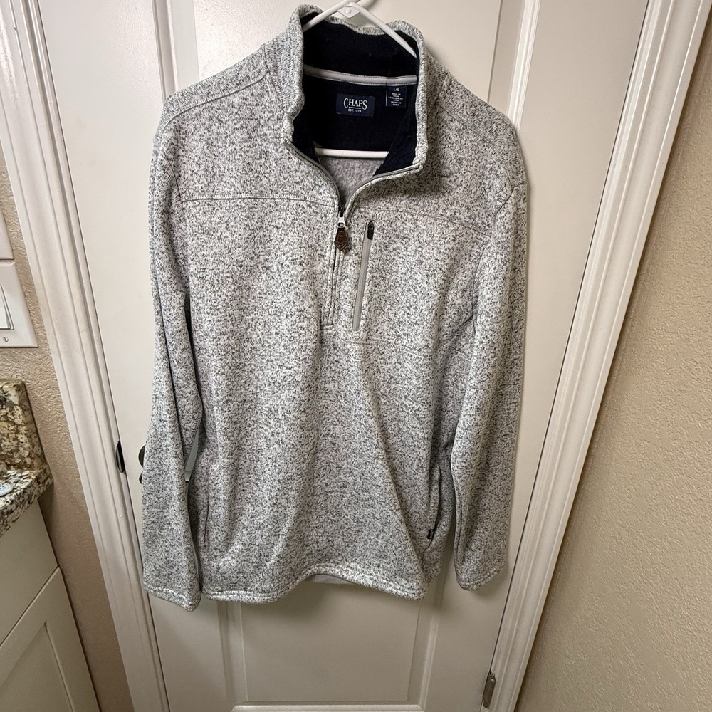 Chaps Mens L Quarter Zip Sweater Fleece Pullover Heather Gray Chest Pocket